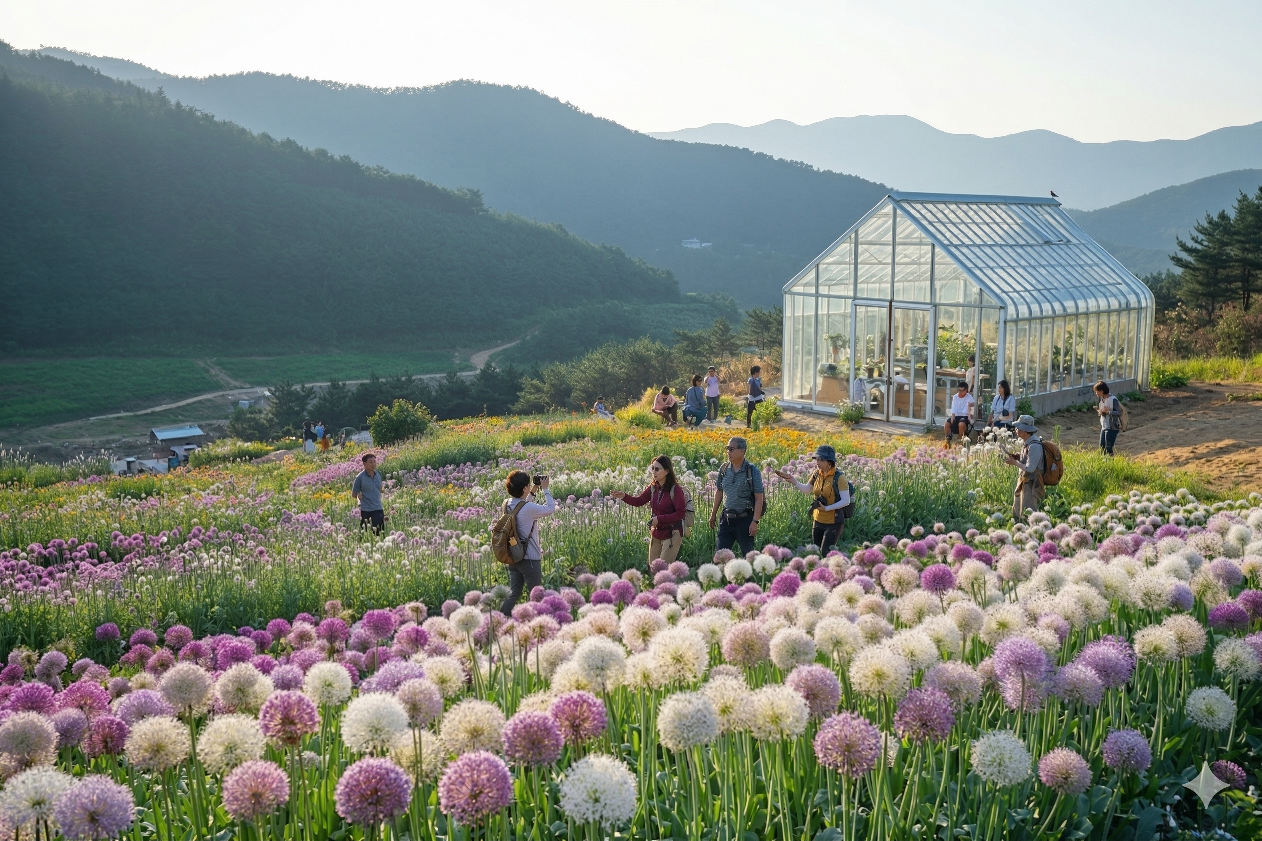만개한 알리움 꽃밭에서 여유로운 시간을 보내는 나들이객들